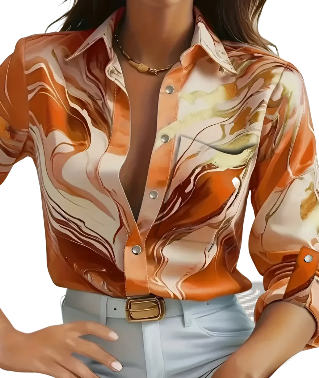 Women's Marble Print Satin Long Sleeve Button Blouse