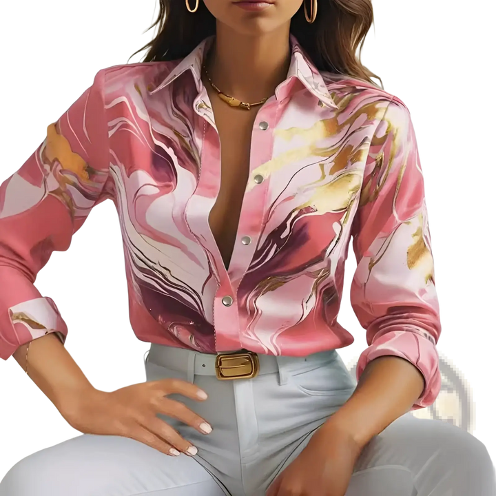 Women's Marble Print Satin Long Sleeve Button Blouse