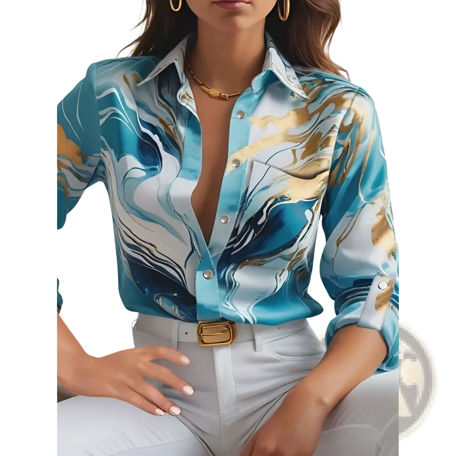 Women's Marble Print Satin Long Sleeve Button Blouse