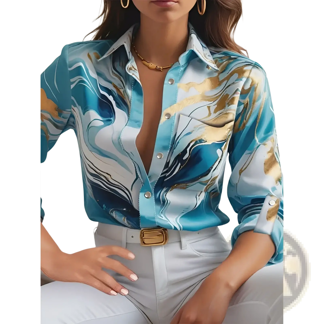 Women's Marble Print Satin Long Sleeve Button Blouse