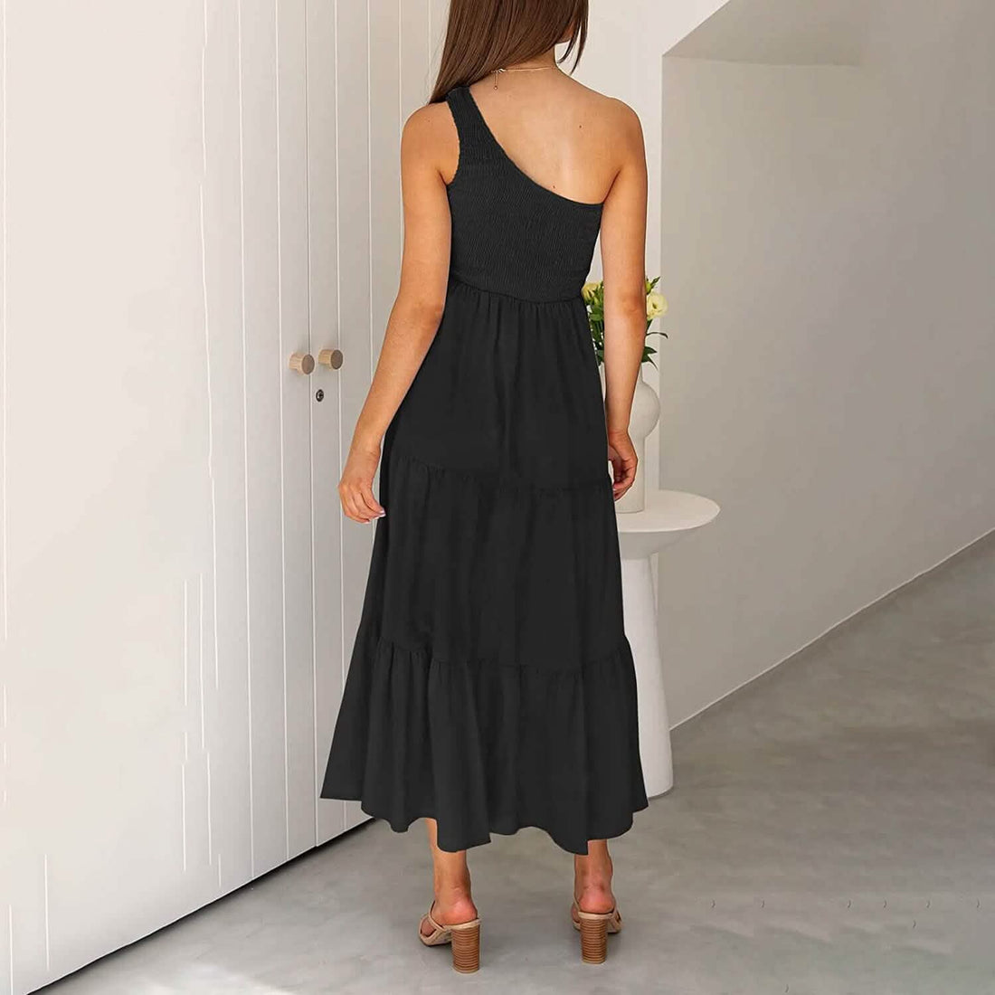 Womens One Shoulder Sleeveless Smocked Ruffle Tiered Beach Long Midi Dress