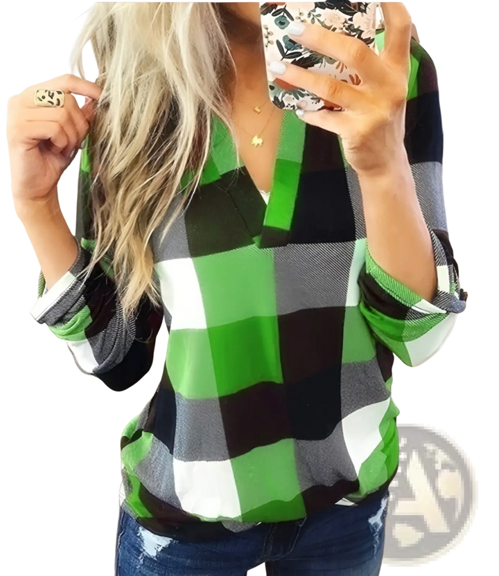 Women's Relaxed v Neck Plaid Flannel Tunic Top