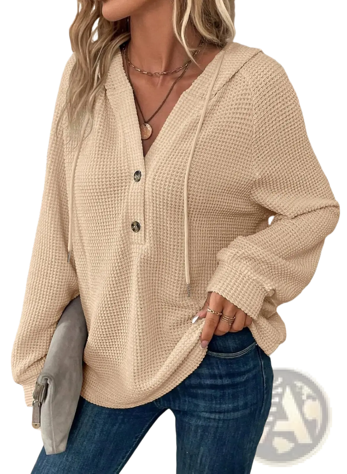 Women's v Neck Waffle Knit Button Hoodie Sweater