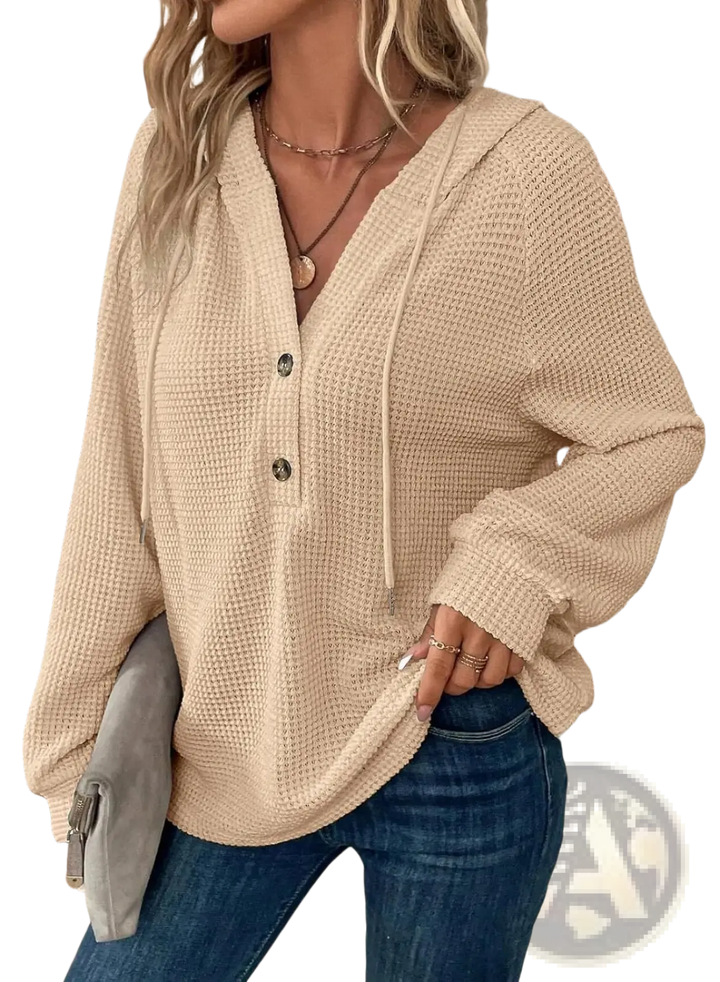 Women's v Neck Waffle Knit Button Hoodie Sweater