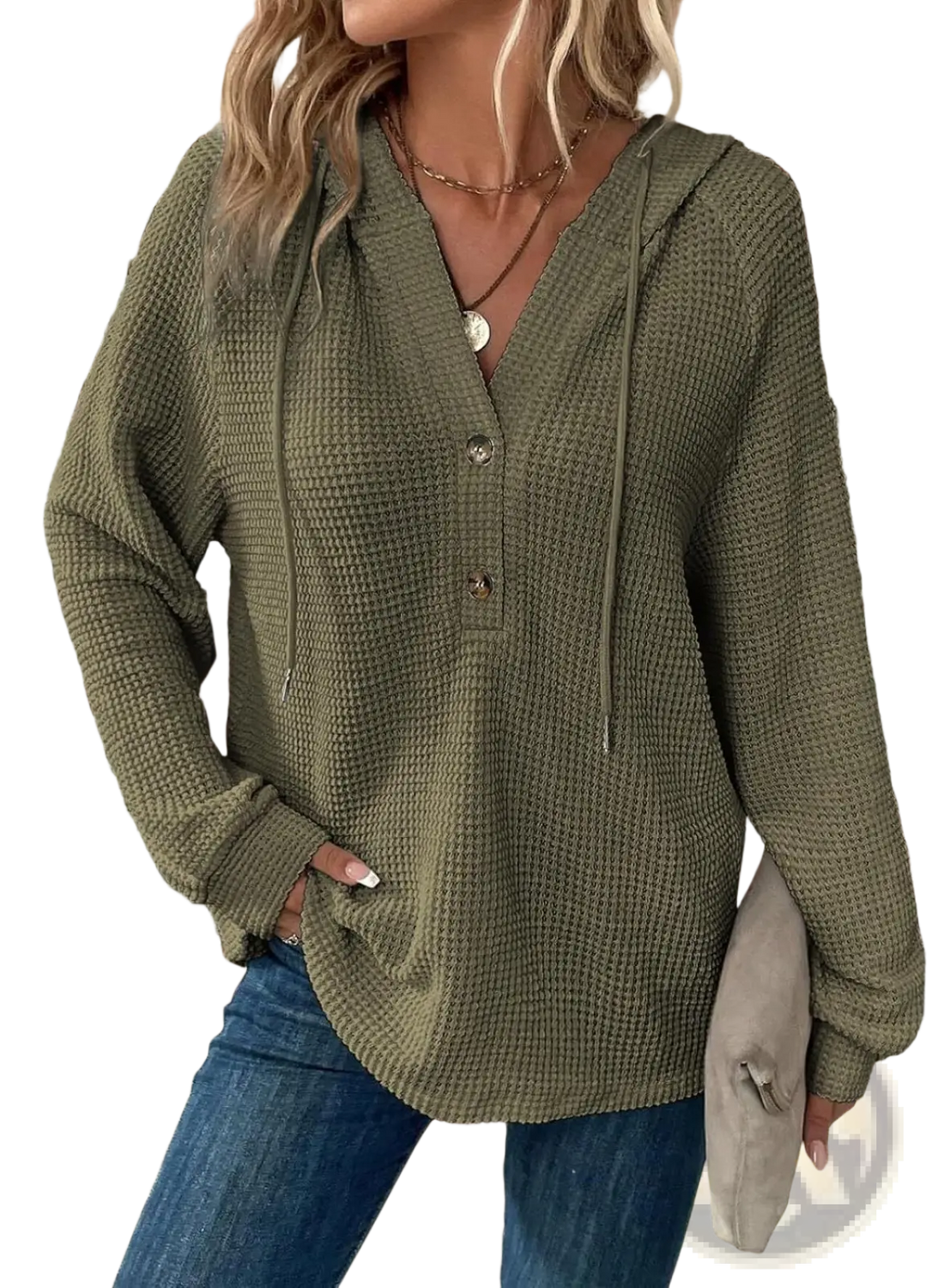 Women's v Neck Waffle Knit Button Hoodie Sweater