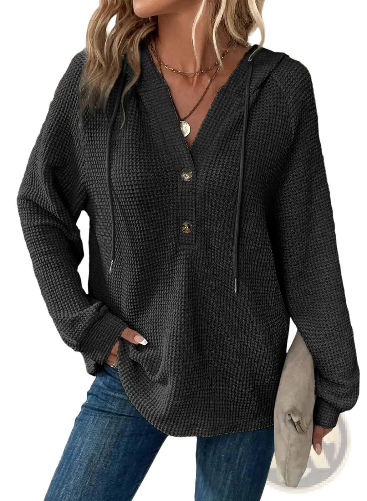 Women's v Neck Waffle Knit Button Hoodie Sweater