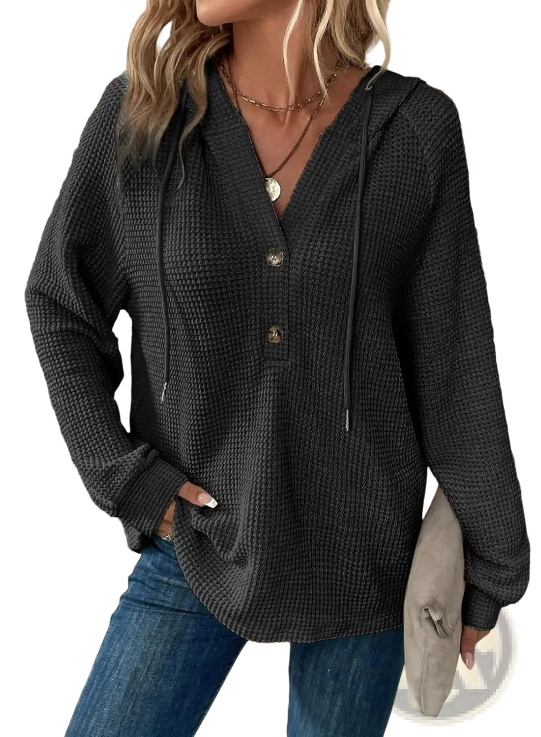 Women's v Neck Waffle Knit Button Hoodie Sweater