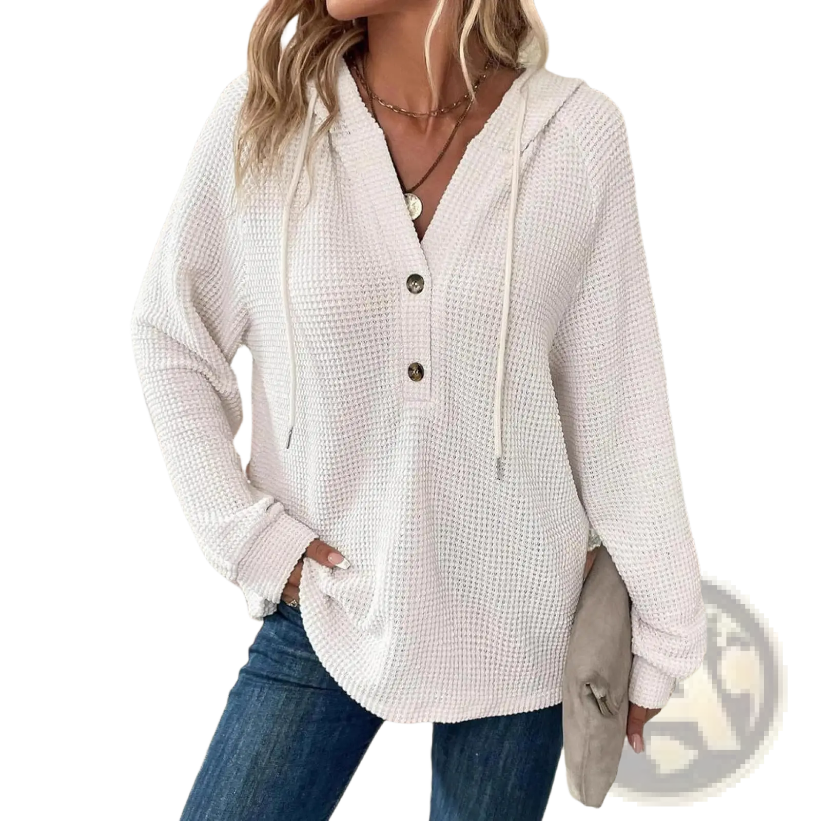 Women's v Neck Waffle Knit Button Hoodie Sweater
