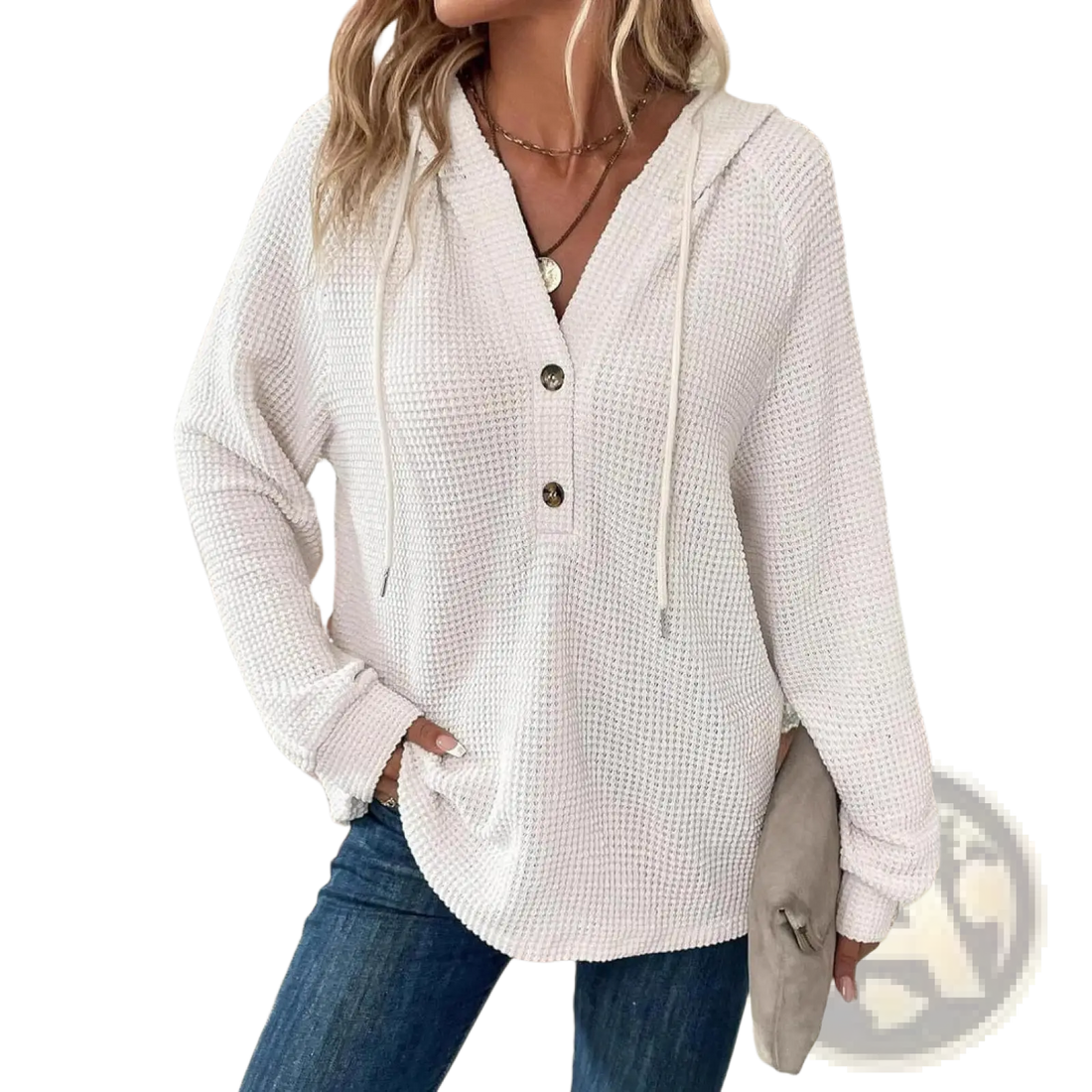 Women's v Neck Waffle Knit Button Hoodie Sweater