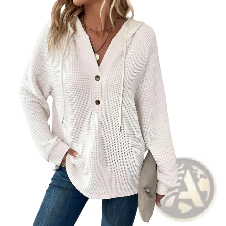 Women's v Neck Waffle Knit Button Hoodie Sweater