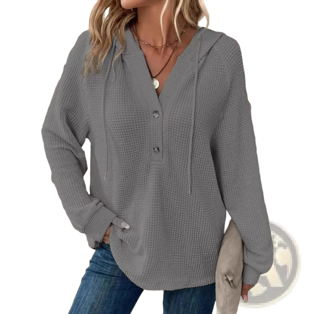 Women's v Neck Waffle Knit Button Hoodie Sweater