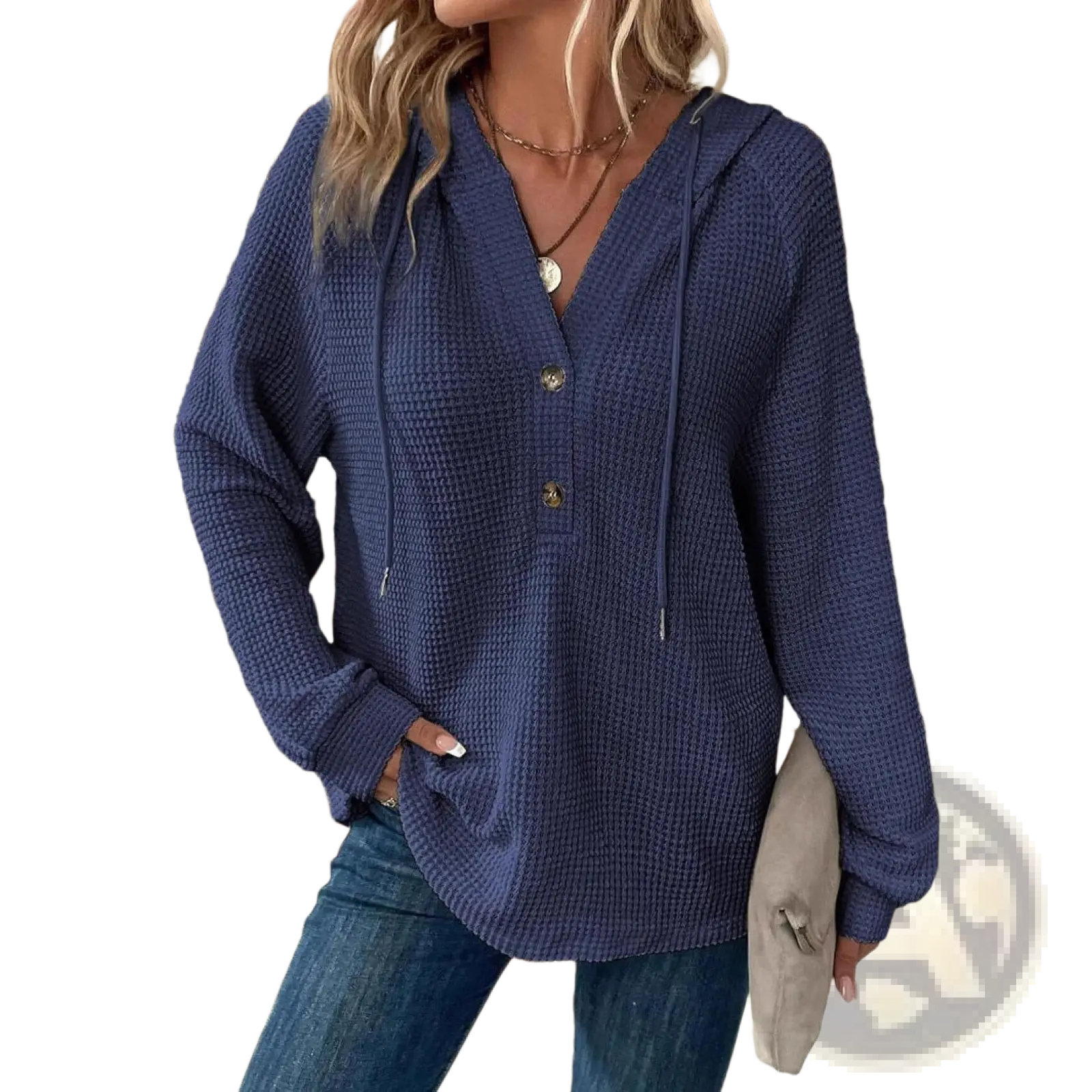 Women's v Neck Waffle Knit Button Hoodie Sweater