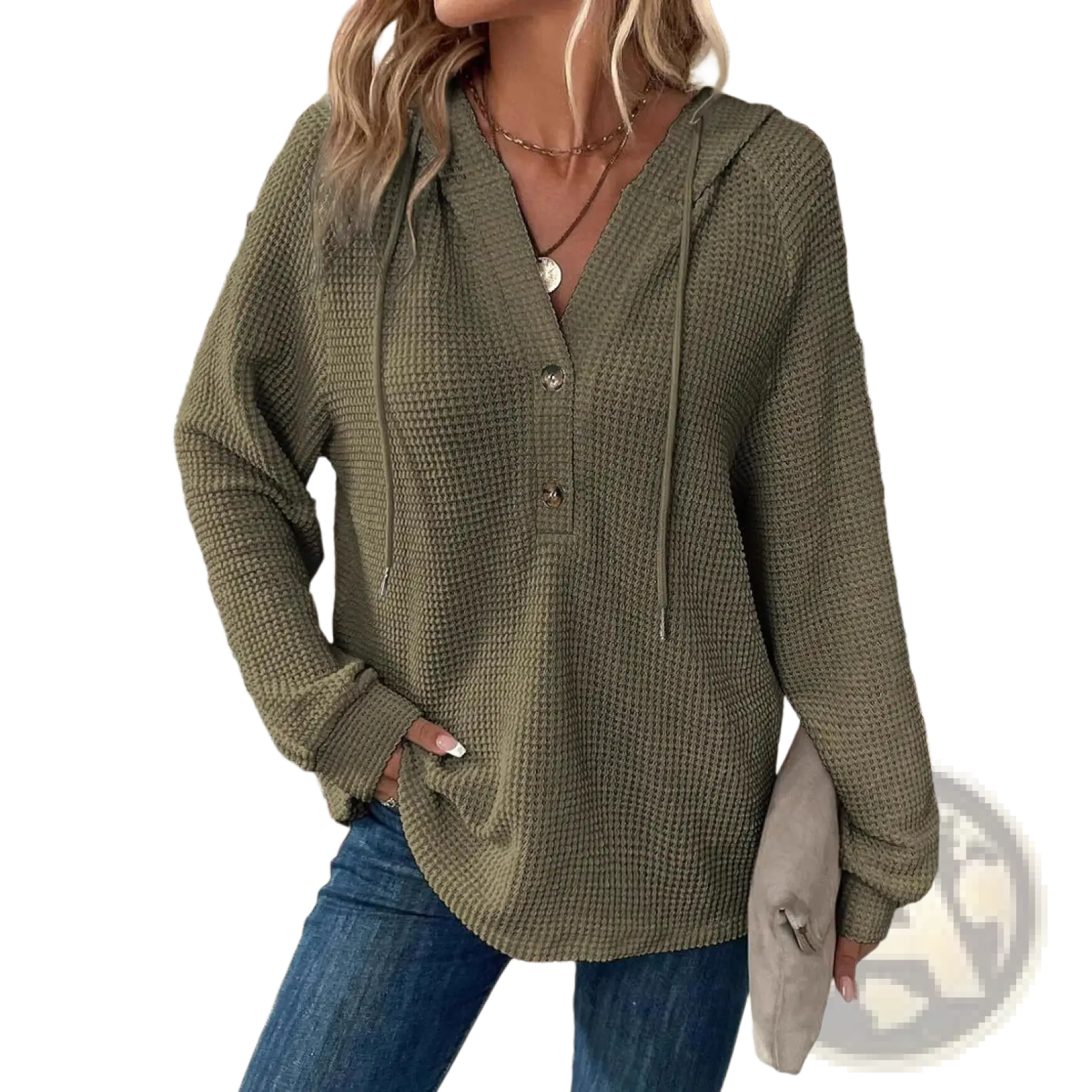 Women's v Neck Waffle Knit Button Hoodie Sweater