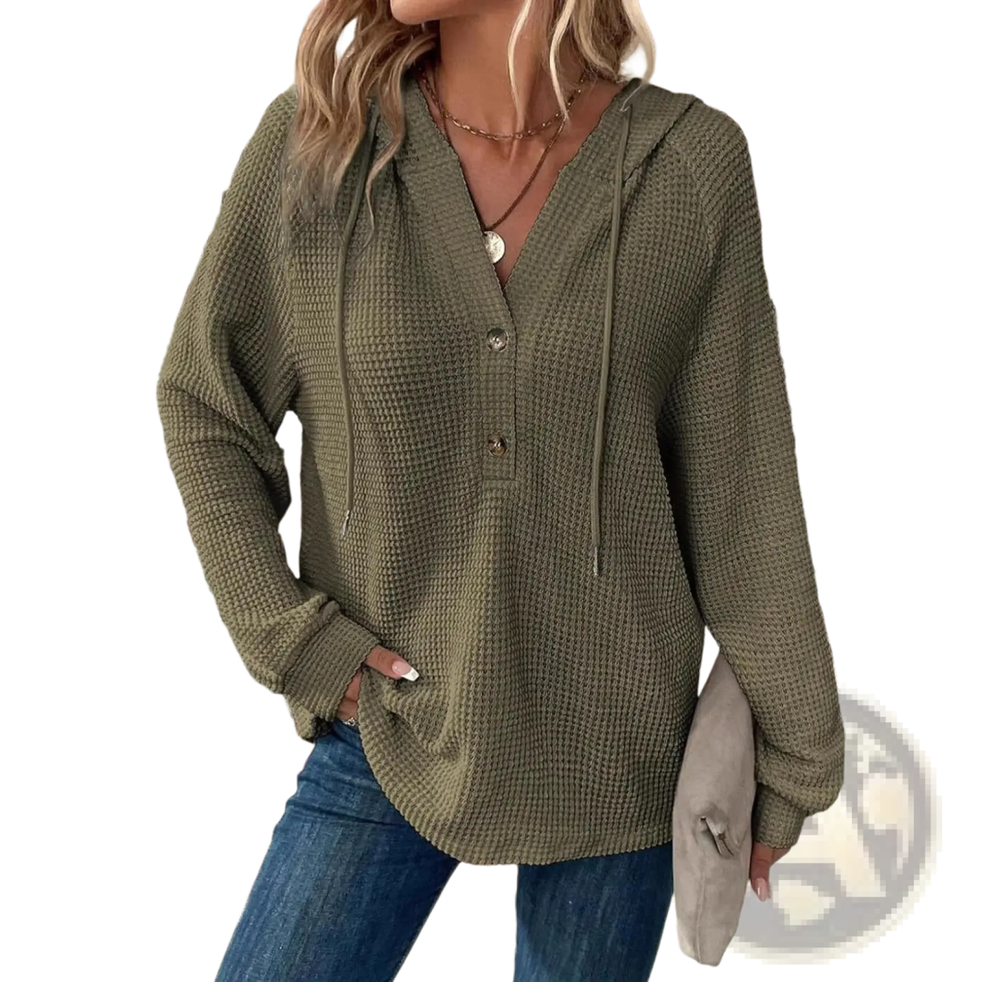 Women's v Neck Waffle Knit Button Hoodie Sweater