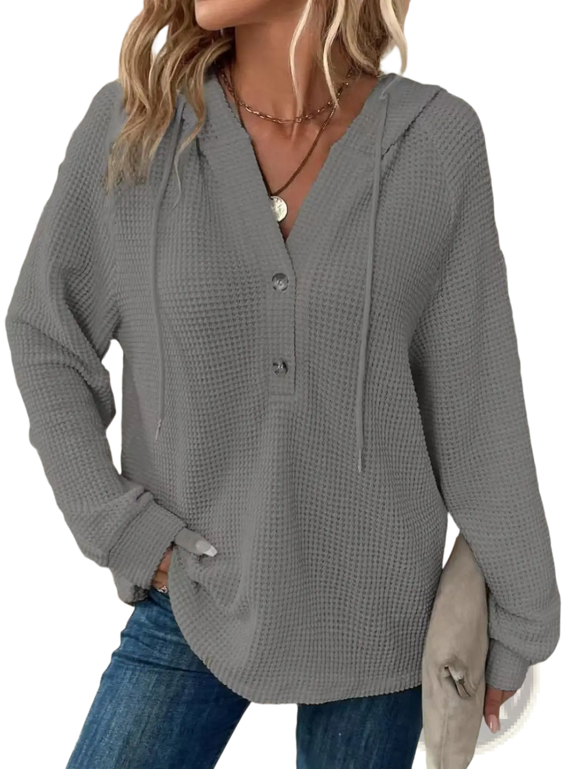 Women's v Neck Waffle Knit Button Hoodie Sweater