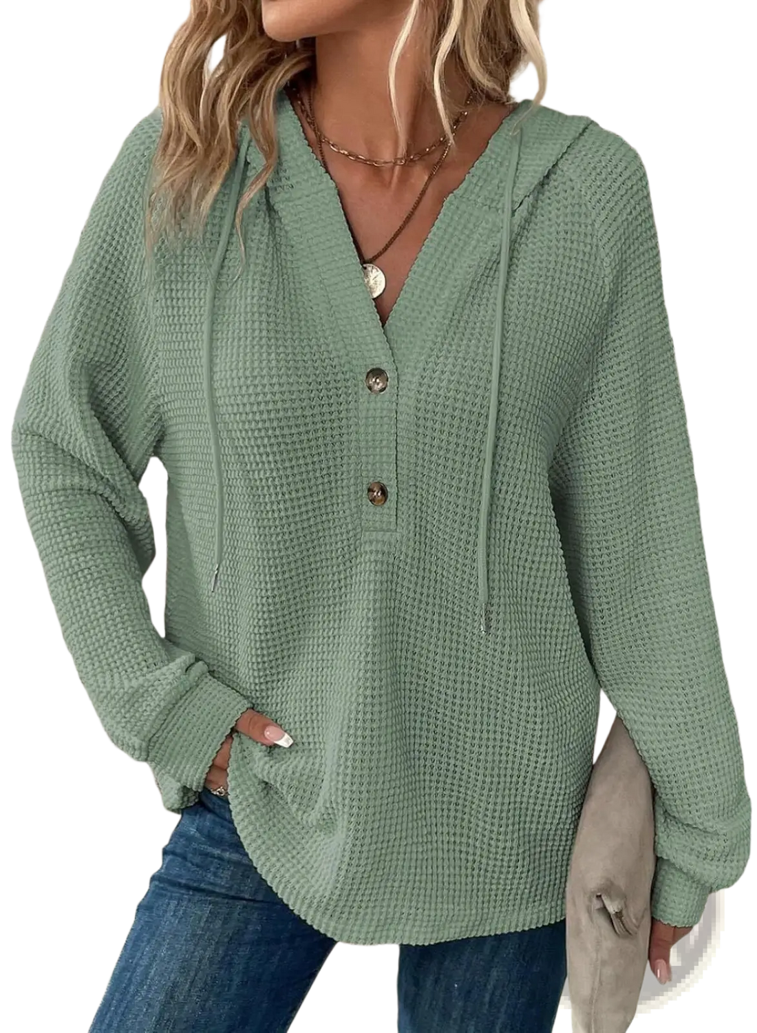 Women's v Neck Waffle Knit Button Hoodie Sweater