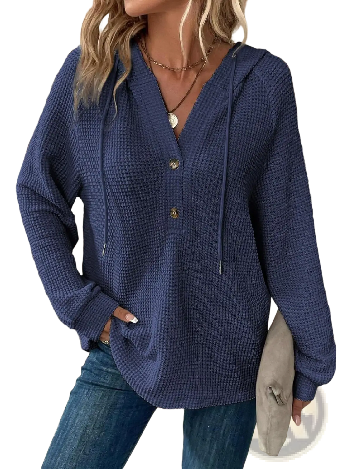Women's v Neck Waffle Knit Button Hoodie Sweater